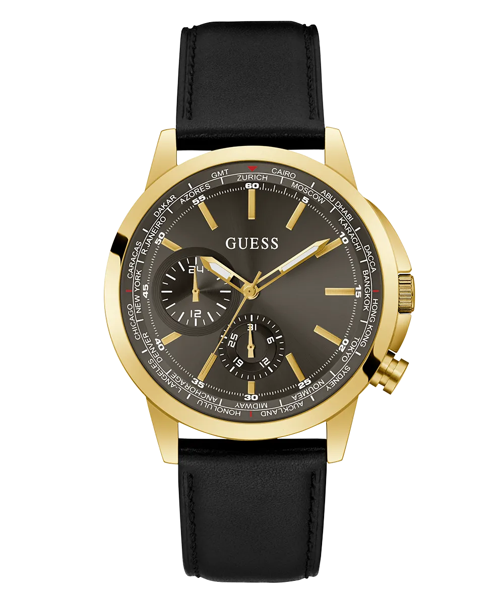 GUESS Mens Black Gold Tone Multi-function Watch