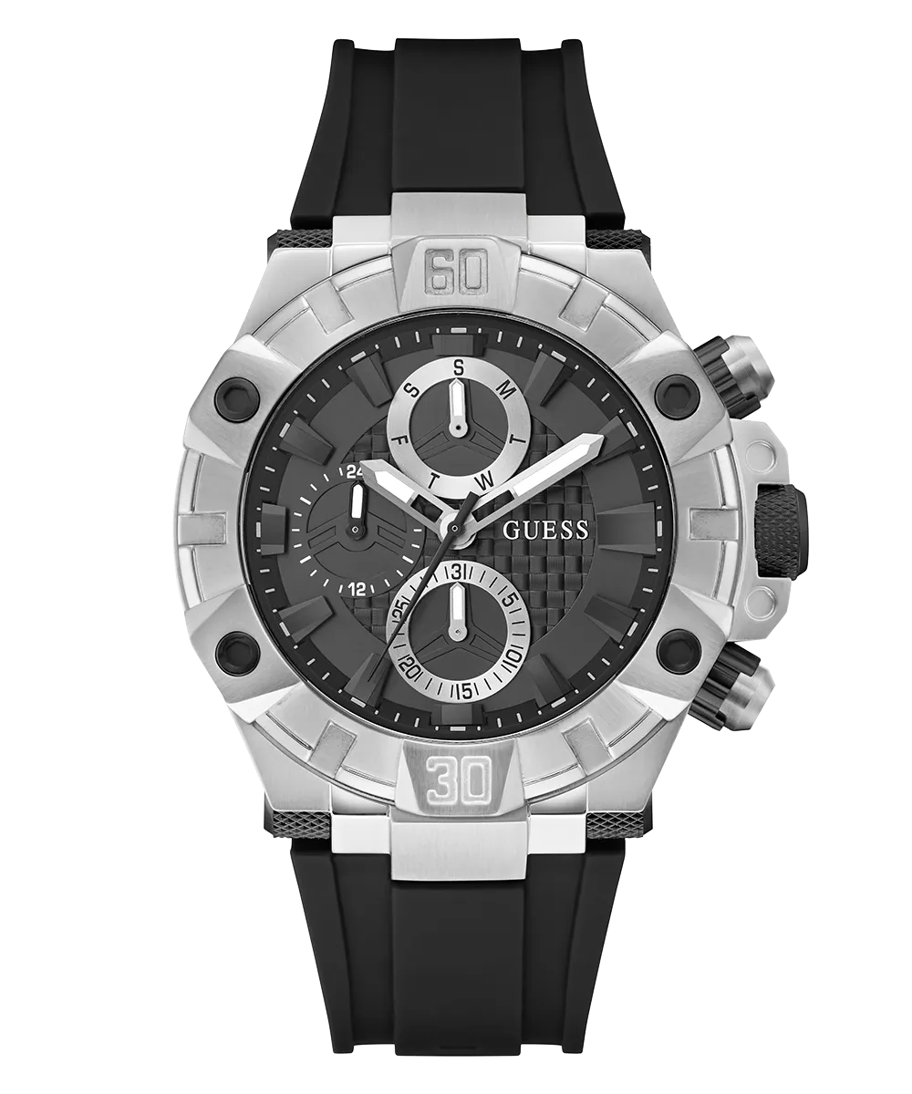 GUESS Mens Black Silver Tone Multi-function Watch