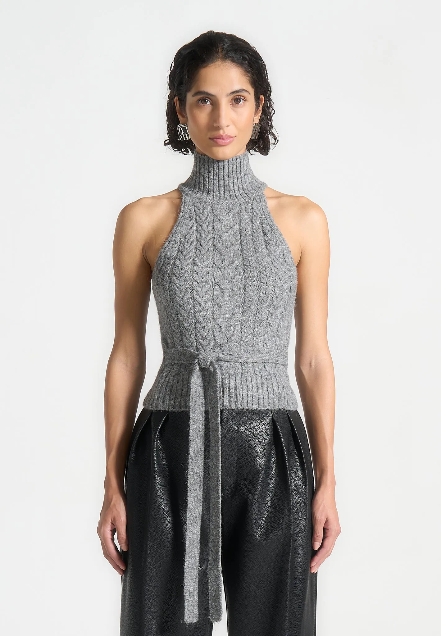 Halter Cable Knit Wool Top with Tie - Grey