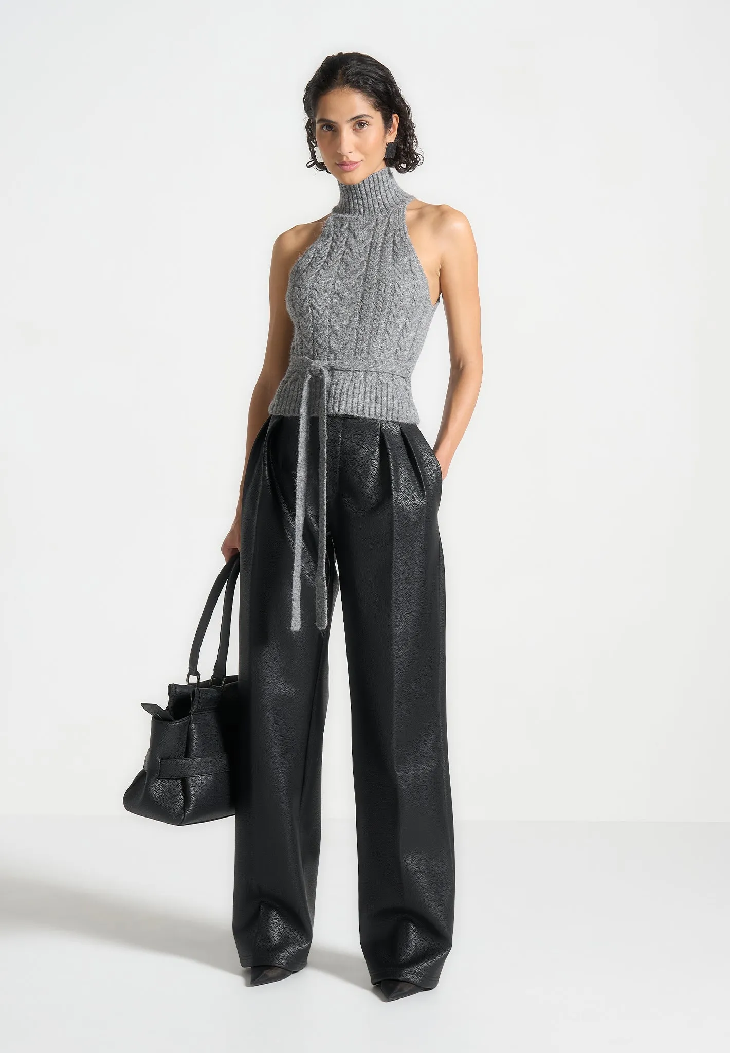 Halter Cable Knit Wool Top with Tie - Grey