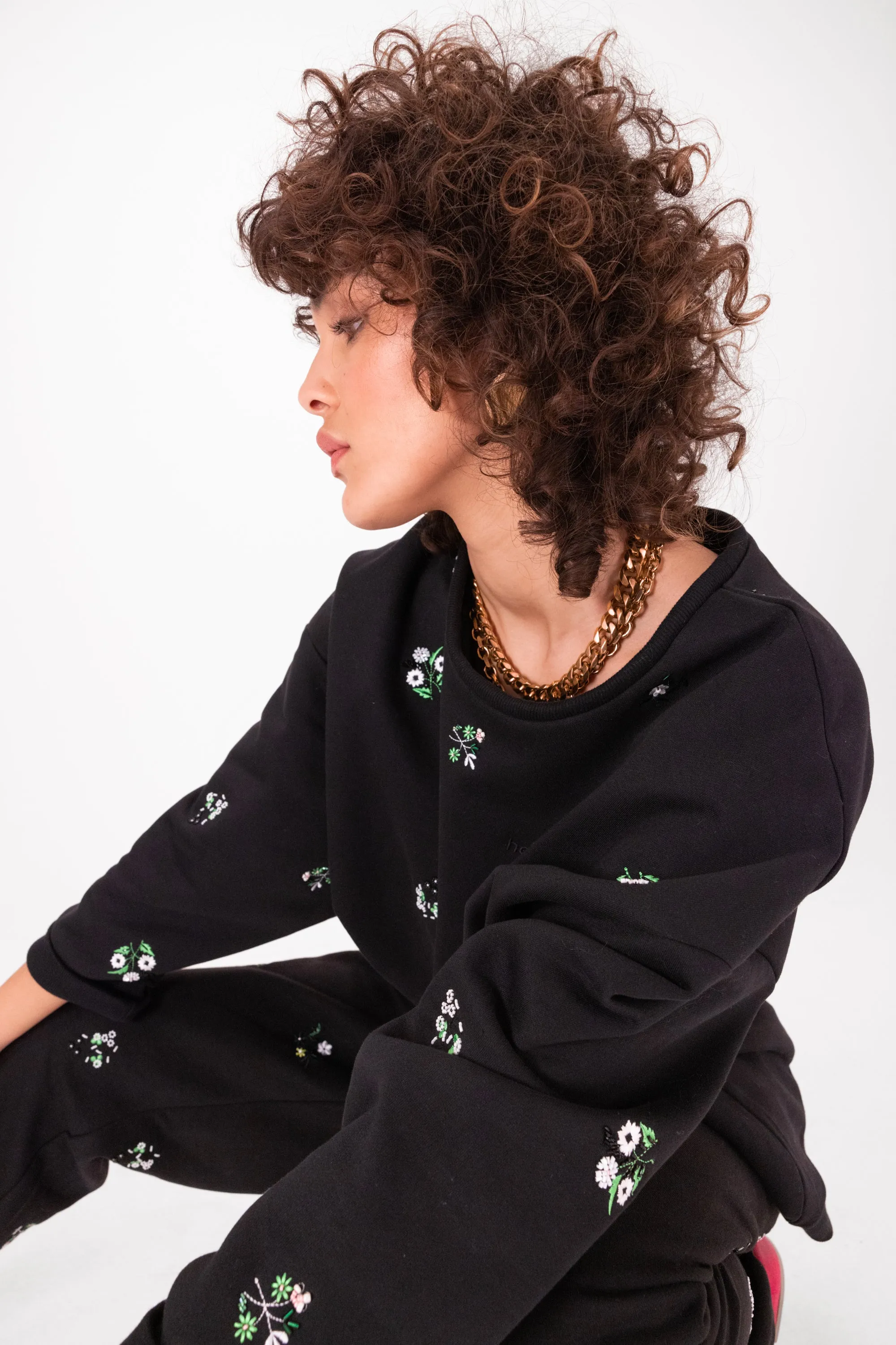 Harlem jumper in black beaded embroidered fleece