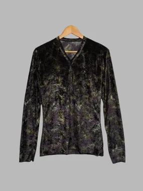 Jean Colonna black green purple feather print velour v-neck long sleeve top - S