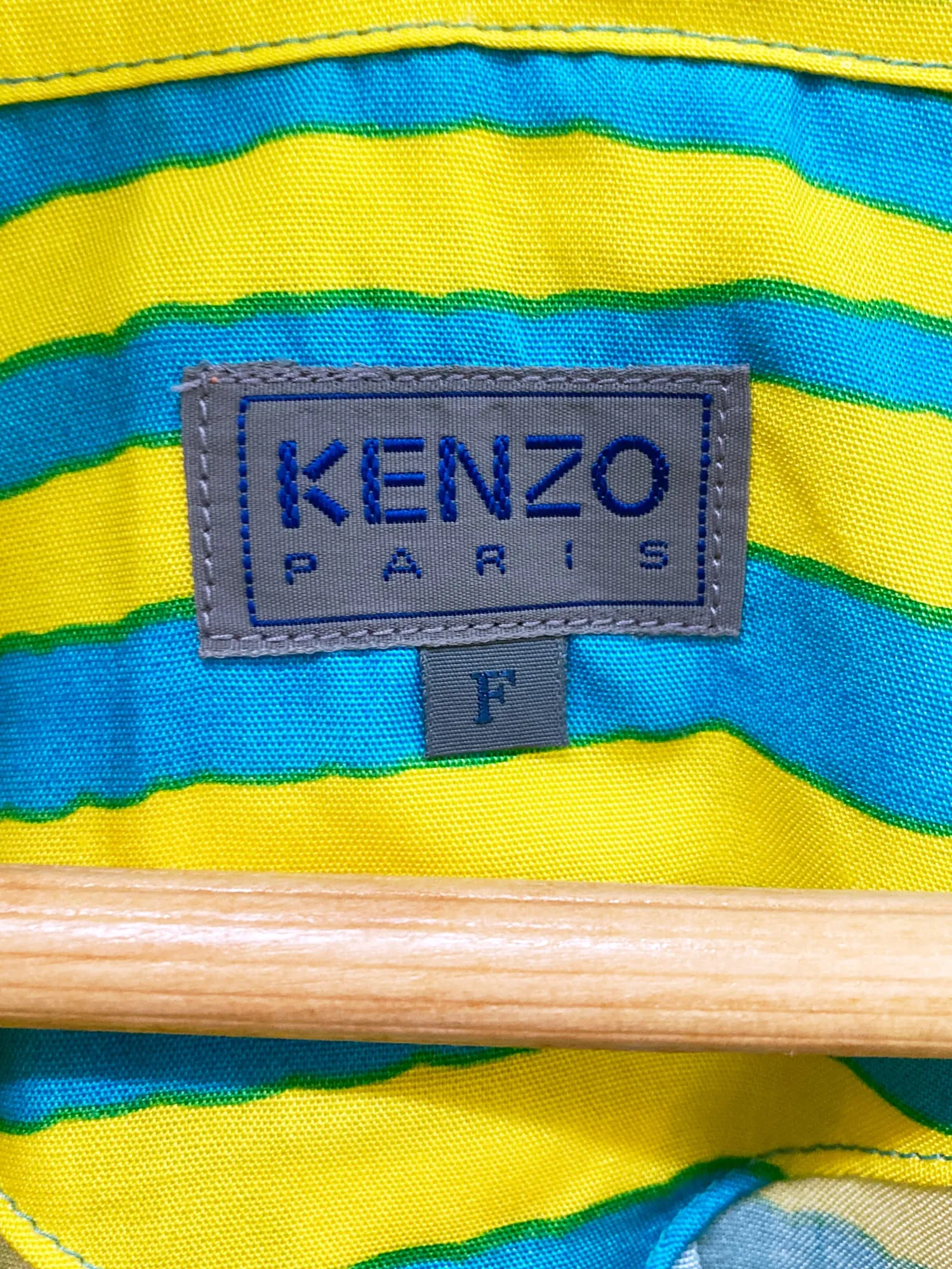 Kenzo 1980s blue yellow zebra stripe queen angel fish print short sleeve shirt