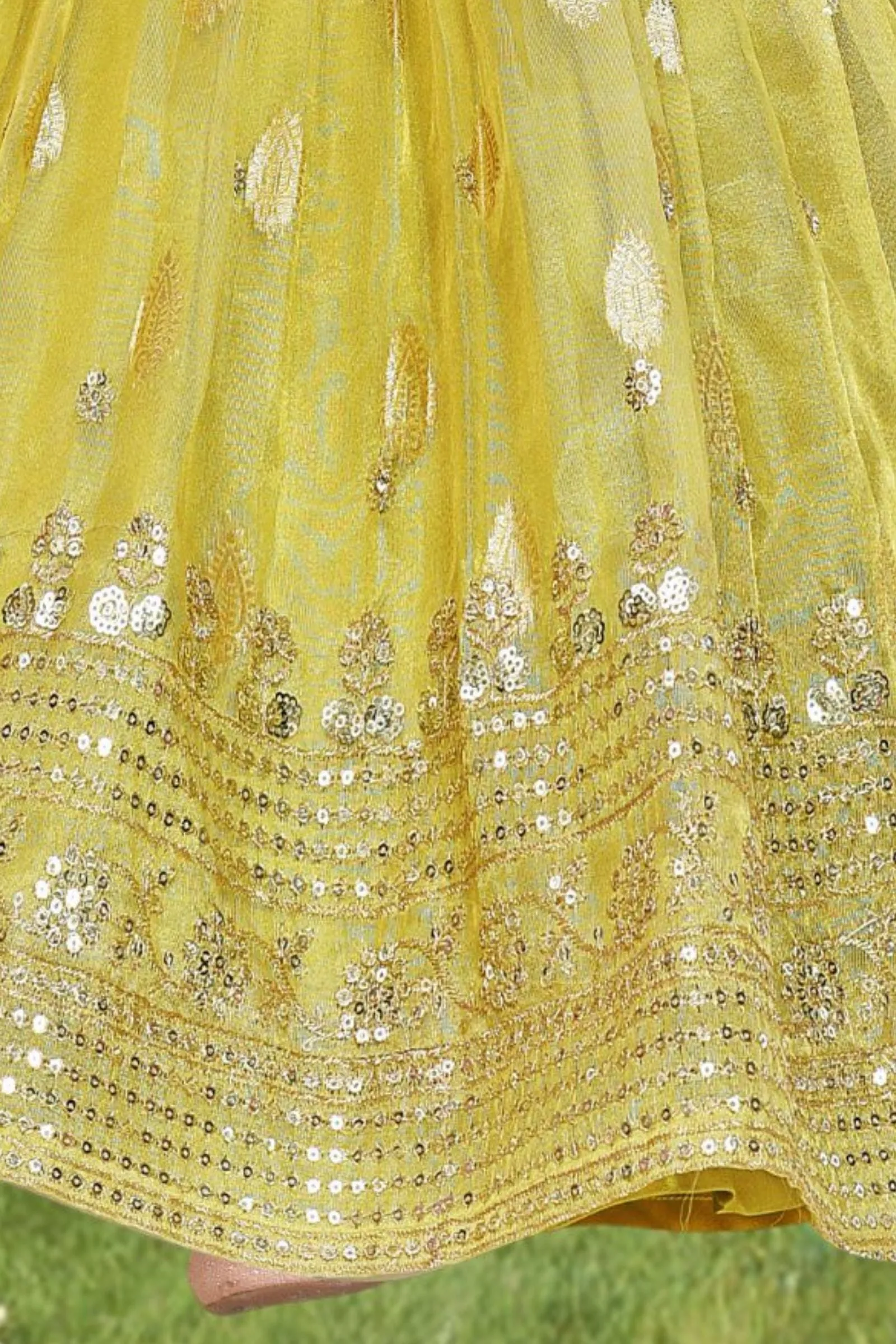 Lemon Yellow Sequins and Zari work Overcoat Styled Lehenga Choli for Girls