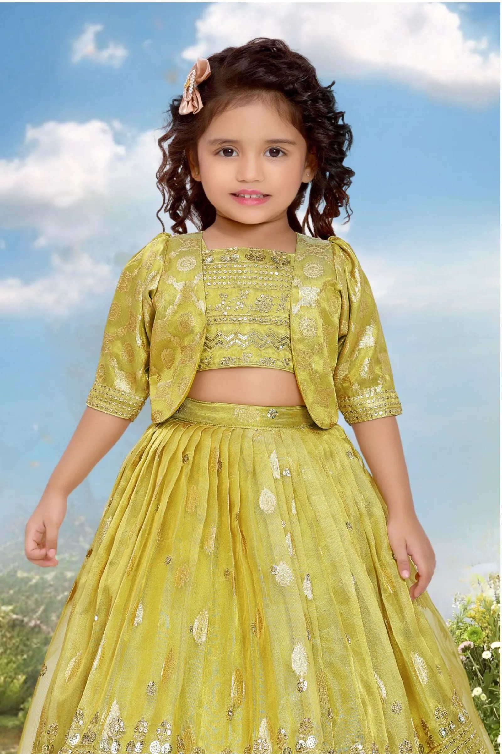 Lemon Yellow Sequins and Zari work Overcoat Styled Lehenga Choli for Girls