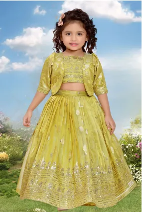 Lemon Yellow Sequins and Zari work Overcoat Styled Lehenga Choli for Girls