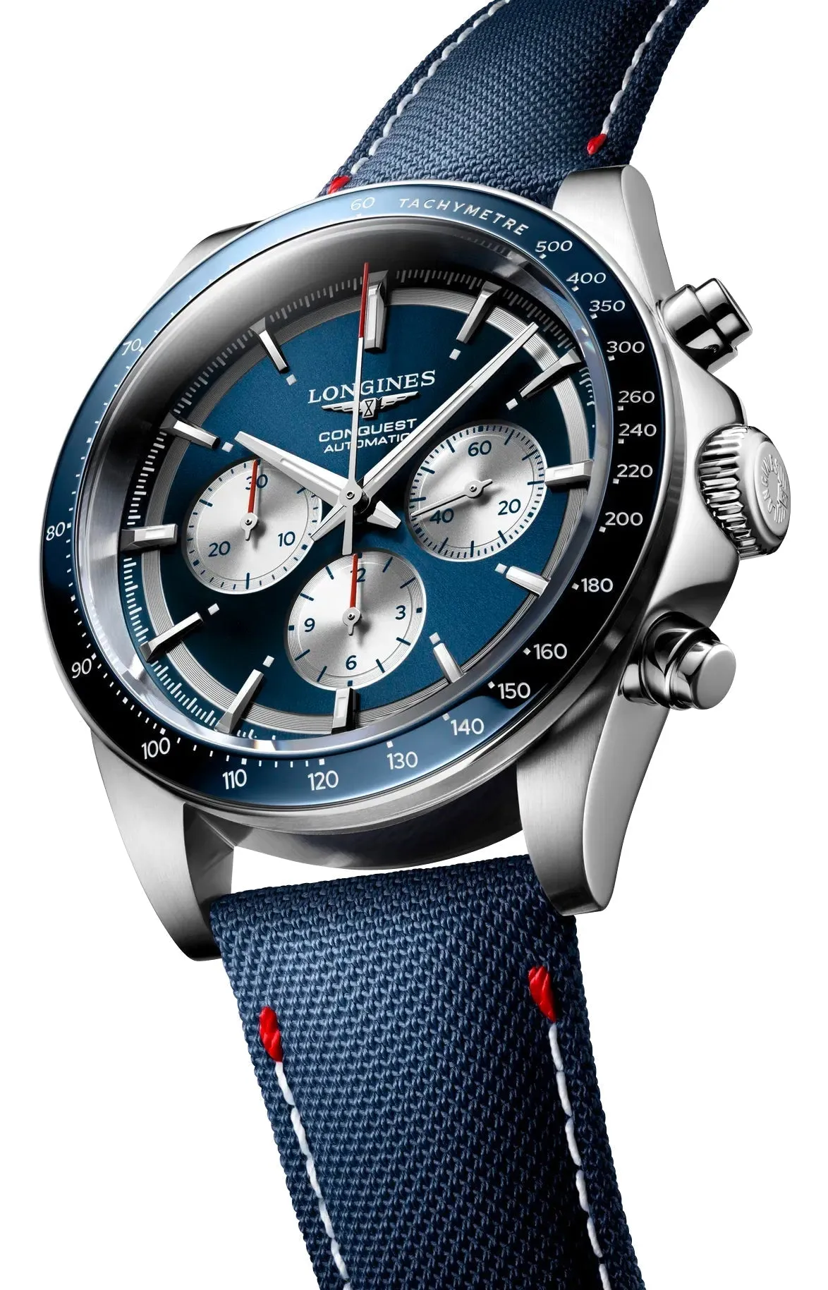 Limited Edition Longines Conquest Marco Odermatt Automatic Chronograph Blue Dial Fabric Strap Interchangeable Blue NATO Strap Mens Watch L3.835.4.91.2