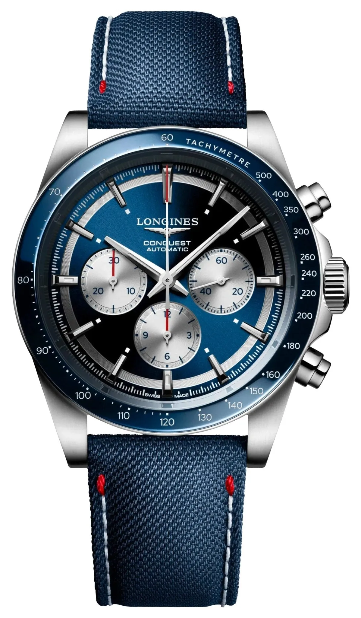 Limited Edition Longines Conquest Marco Odermatt Automatic Chronograph Blue Dial Fabric Strap Interchangeable Blue NATO Strap Mens Watch L3.835.4.91.2