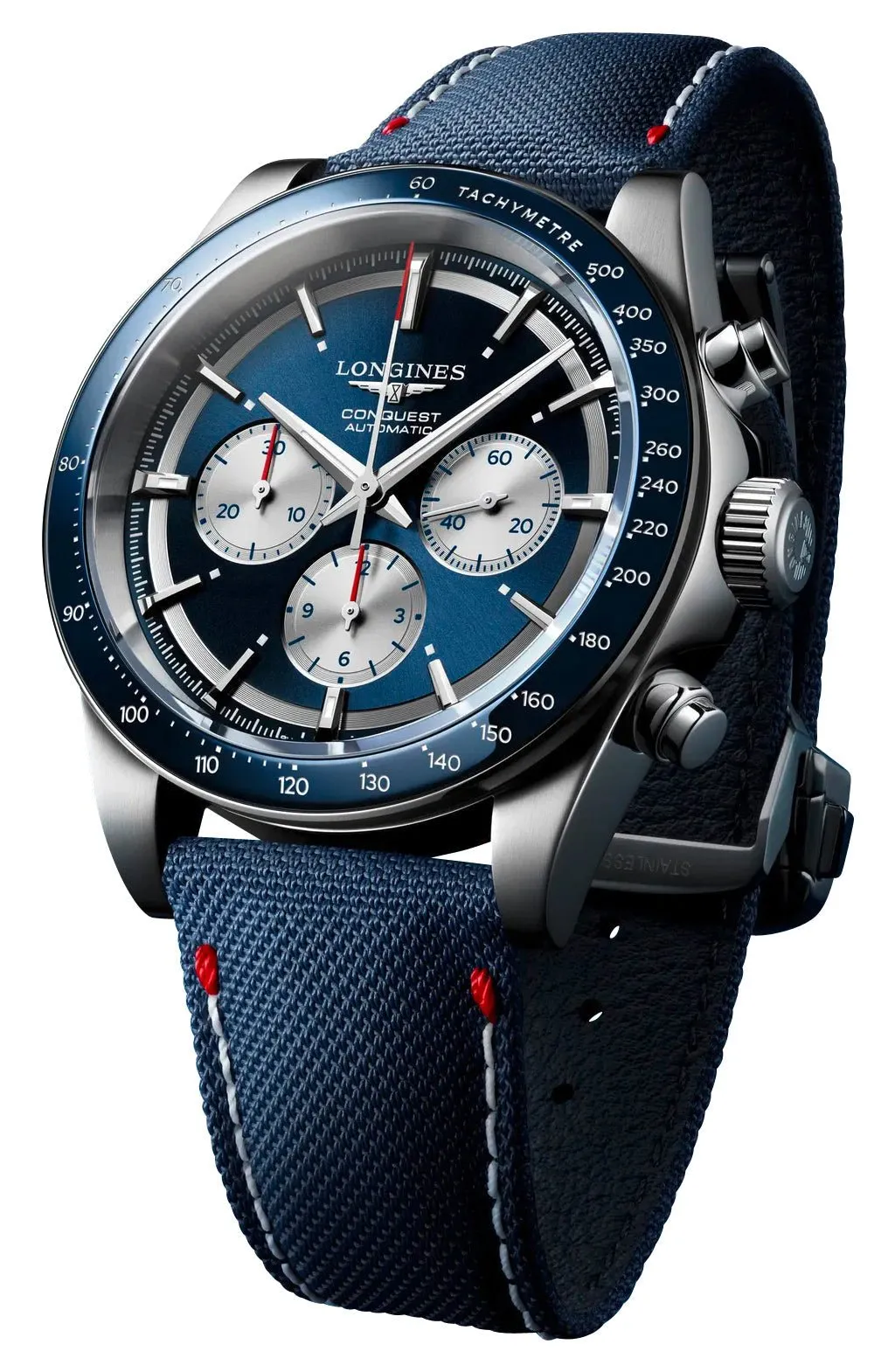 Limited Edition Longines Conquest Marco Odermatt Automatic Chronograph Blue Dial Fabric Strap Interchangeable Blue NATO Strap Mens Watch L3.835.4.91.2