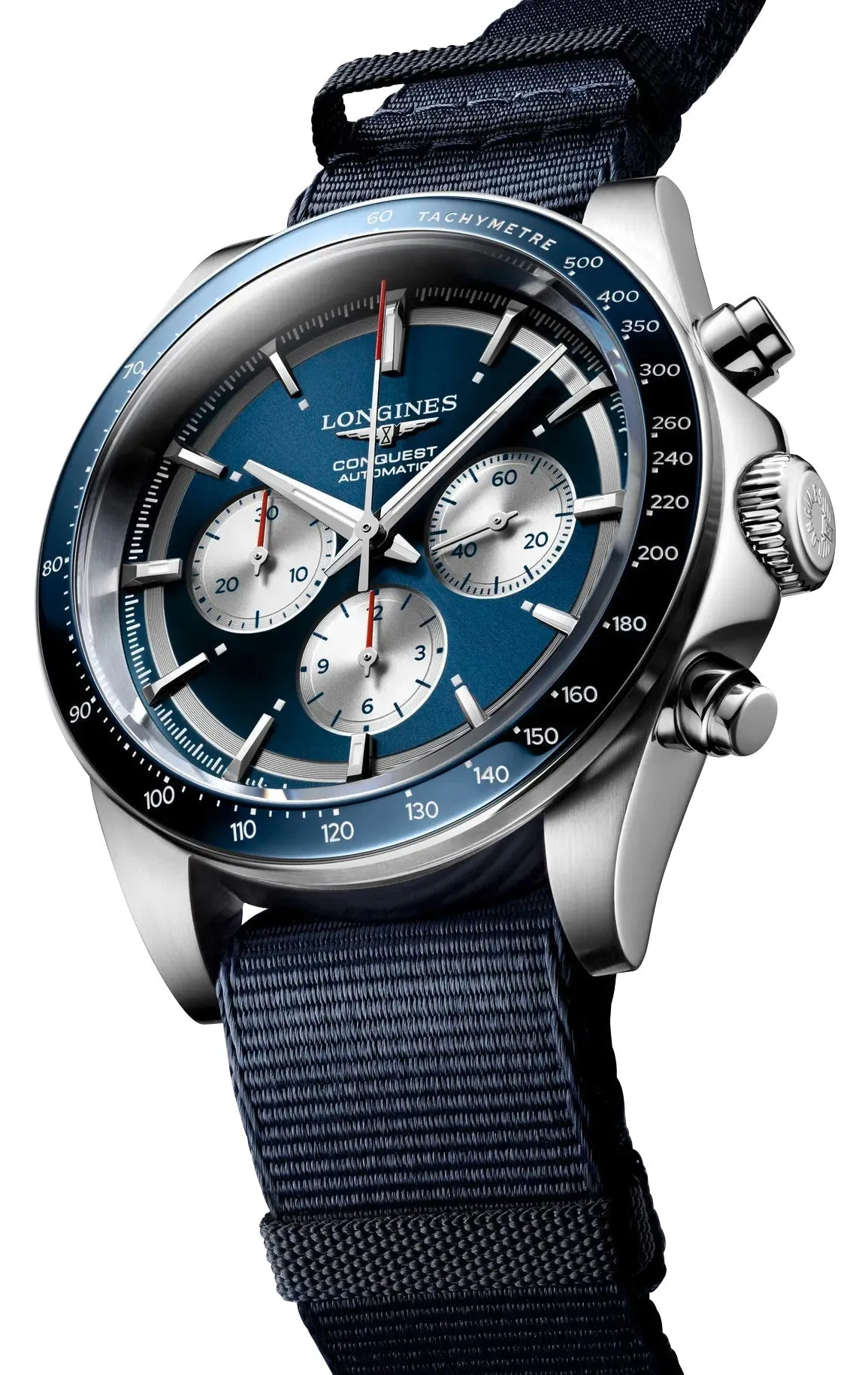 Limited Edition Longines Conquest Marco Odermatt Automatic Chronograph Blue Dial Fabric Strap Interchangeable Blue NATO Strap Mens Watch L3.835.4.91.2