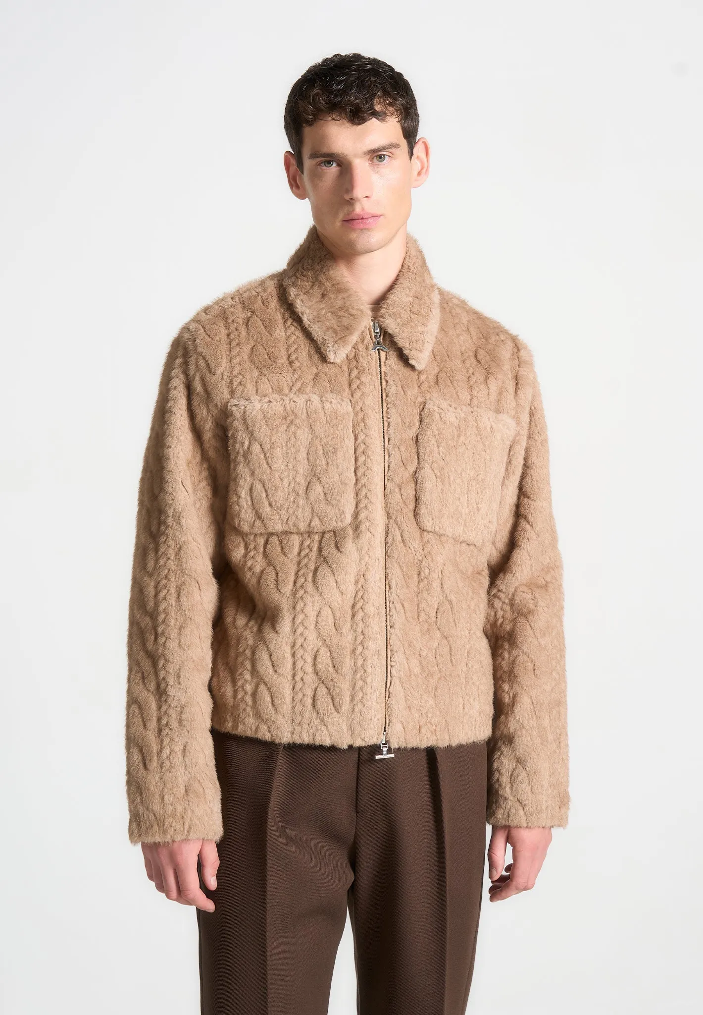 Limited Edition Plush Cable Knit Jacket - Taupe