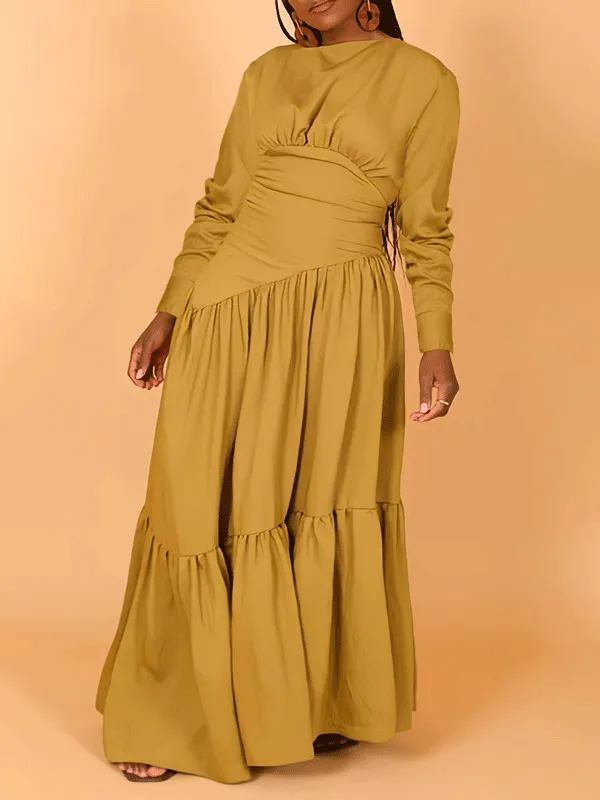 Long Sleeve Nipped Waist Ruffle Hem Dress