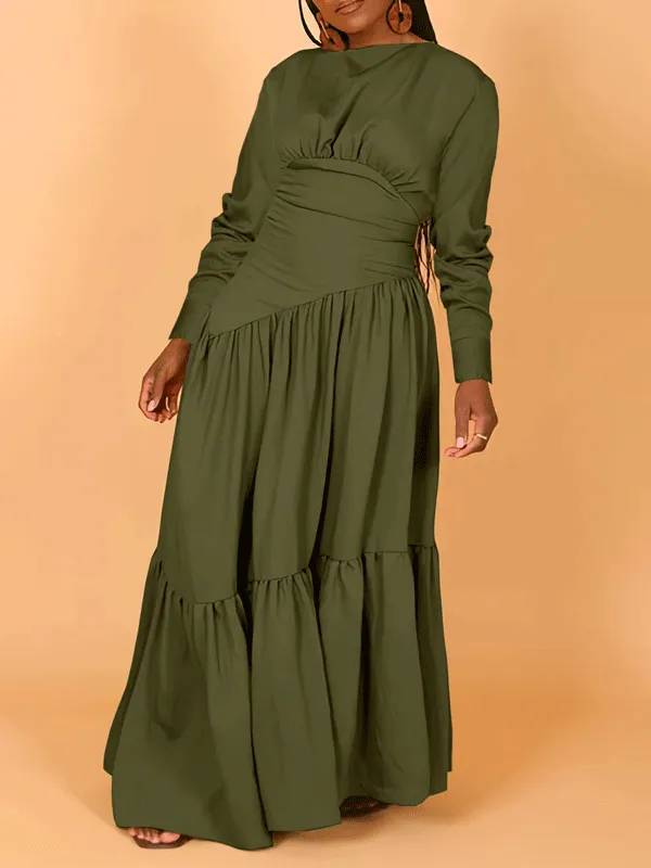 Long Sleeve Nipped Waist Ruffle Hem Dress