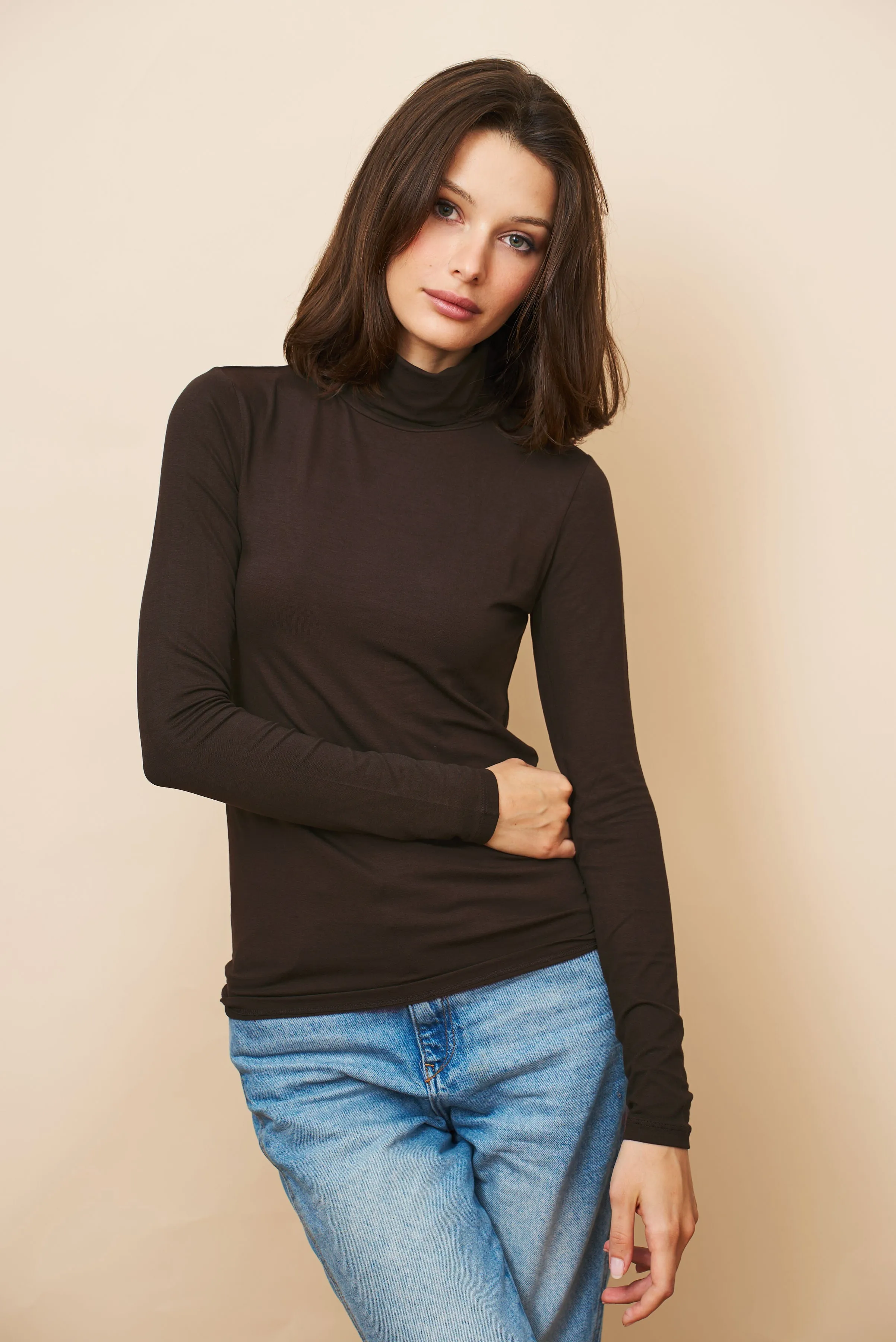 Majestic Soft Touch Long Sleeve Turtleneck in Coffee