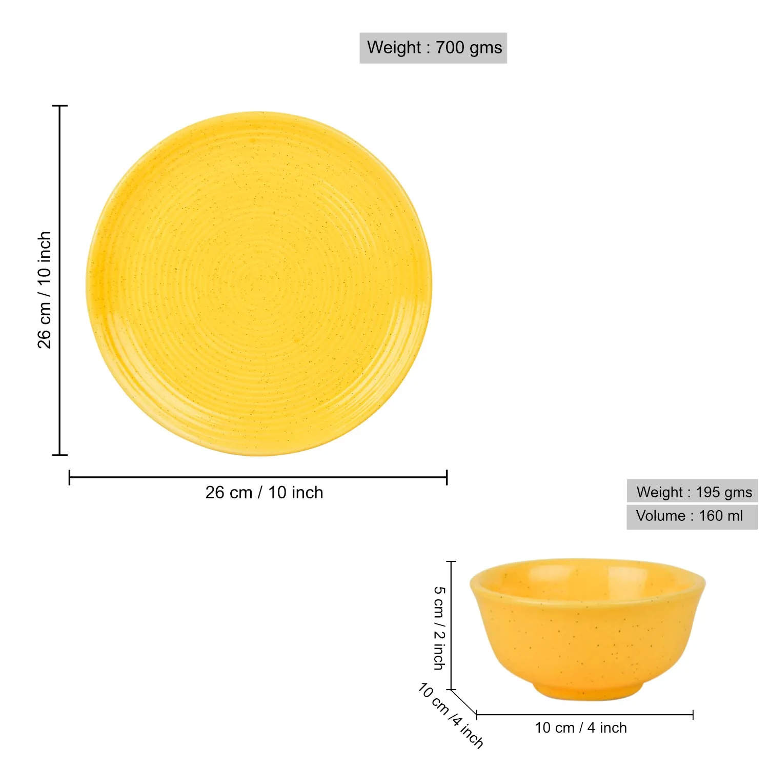 "Golden Glow Collection" Premium Ribbed Ceramic 2 Dinner Serving Plate with 4 Dinner Bowls (Set of 6, Yellow , Plate Diameter – 10 inches)