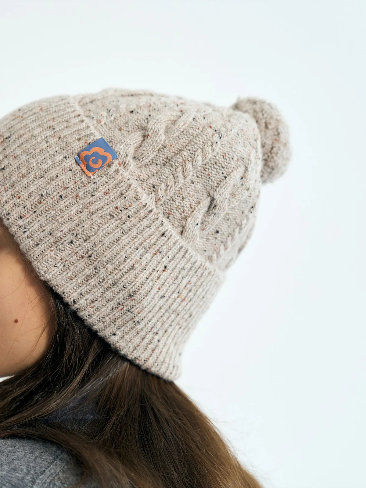 "Pom Pom" Cable Knit Wool Beanie - Silver Grey