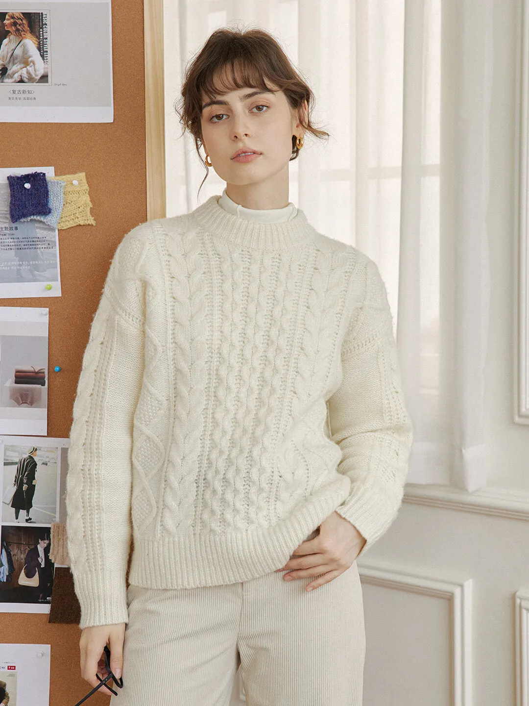 Raina Cable White Irish Knit Wool Sweater