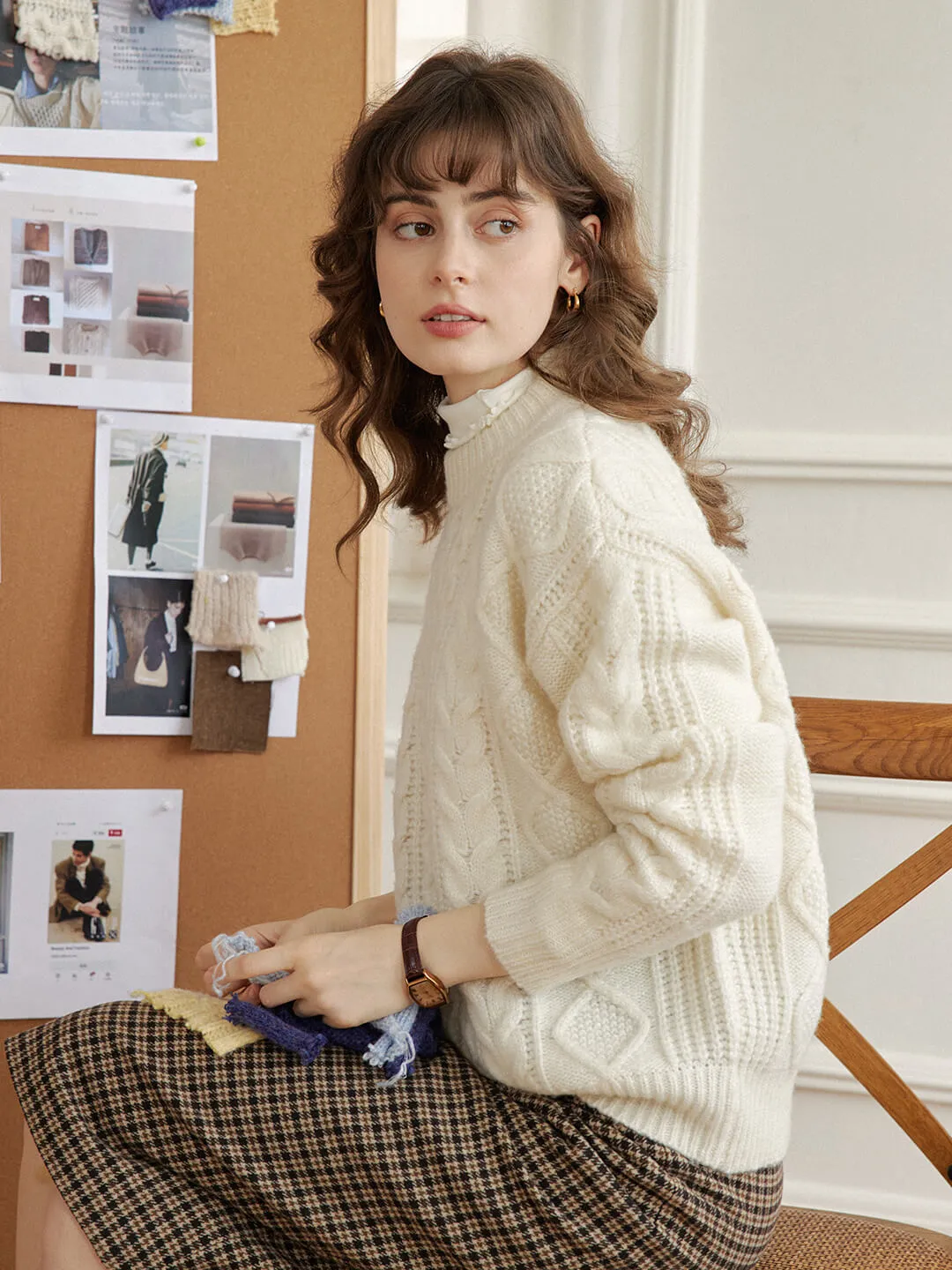 Raina Cable White Irish Knit Wool Sweater