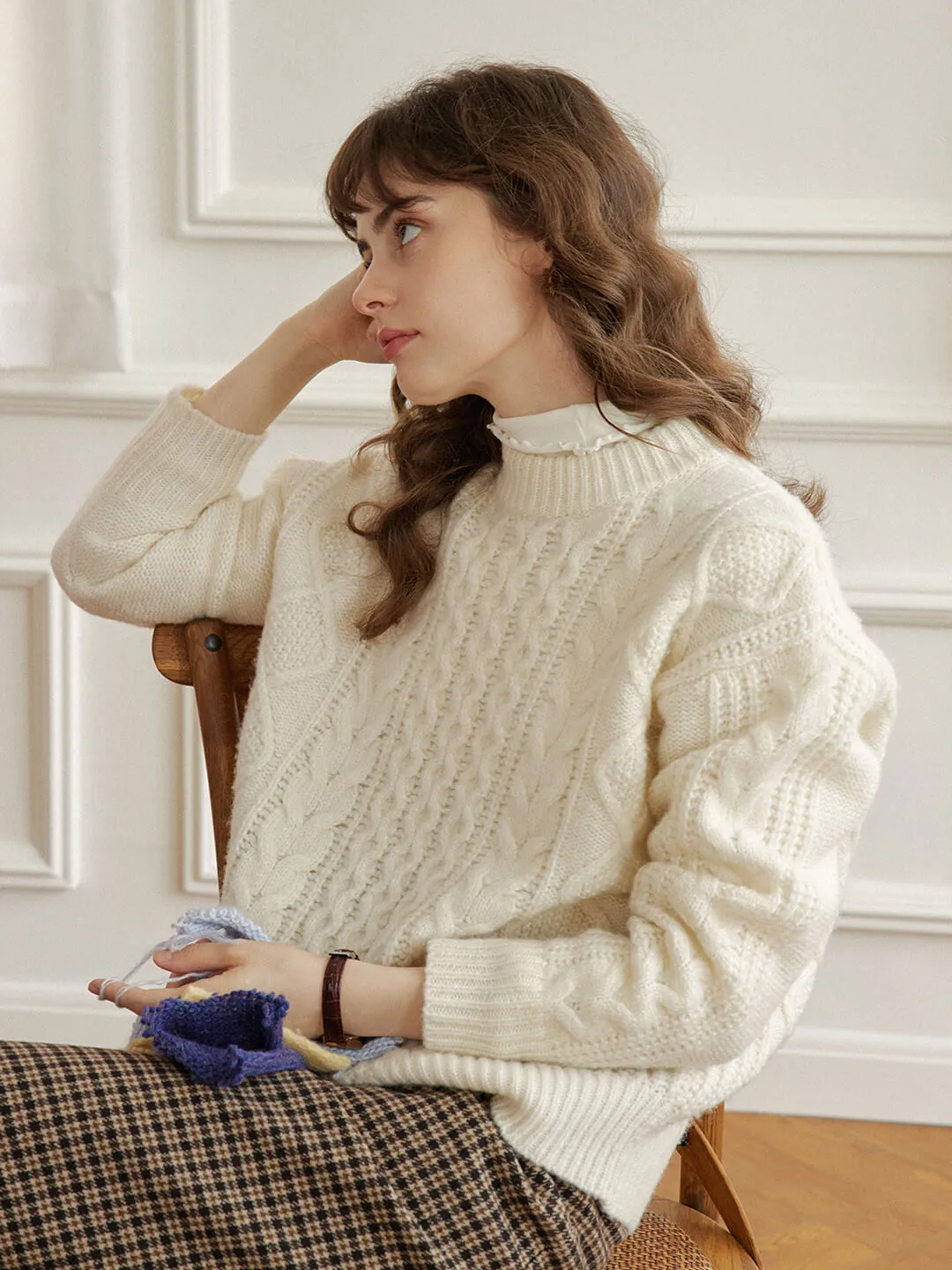 Raina Cable White Irish Knit Wool Sweater