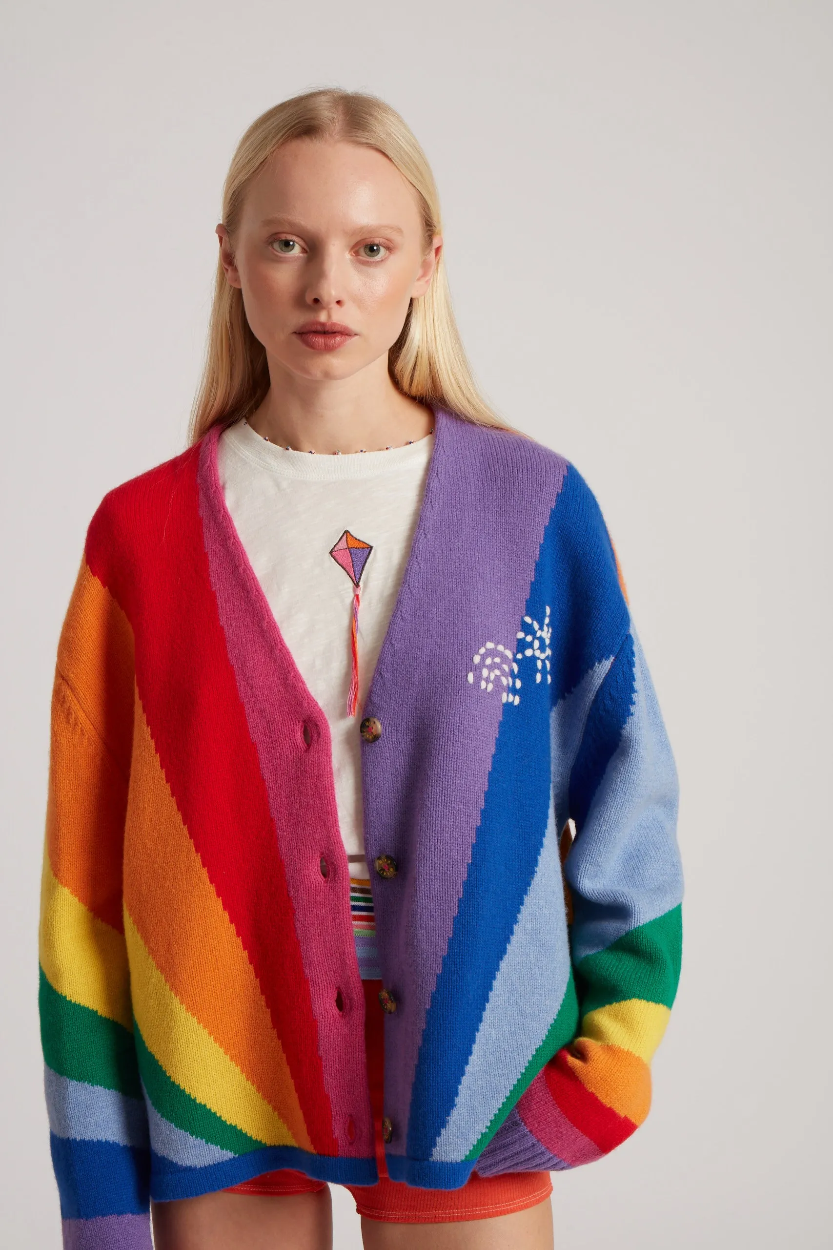 Rainbow Ray Hand Knit Cardigan With Embroidery