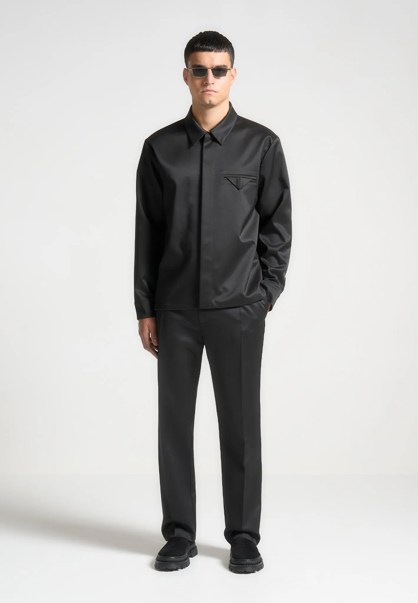 Satin Tailored Shirt with Triangle Pocket - Black