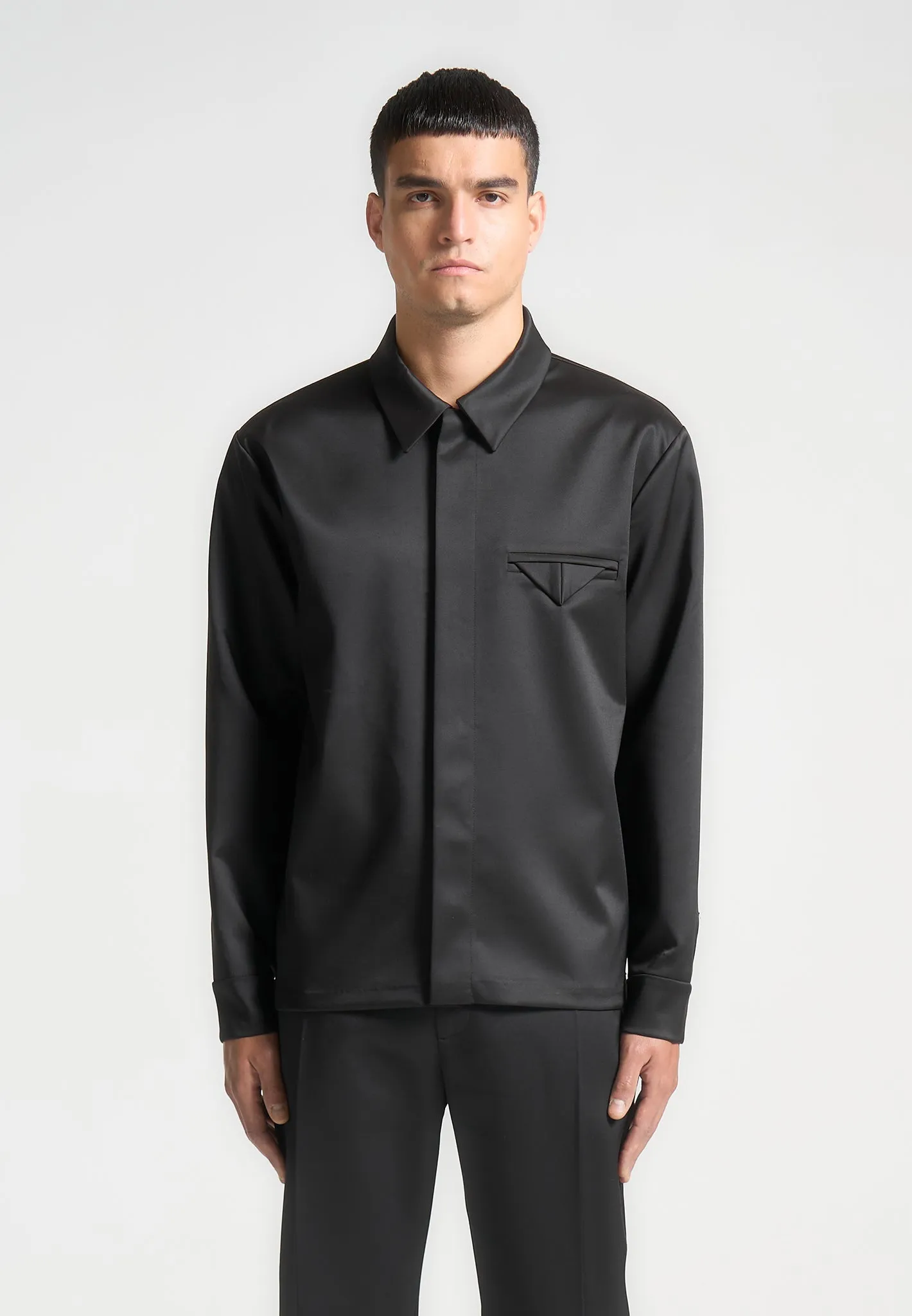 Satin Tailored Shirt with Triangle Pocket - Black