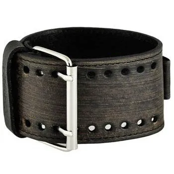 Stitched Distressed Charcoal Leather Wide Cuff