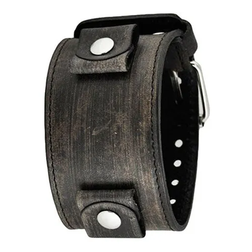 Stitched Distressed Charcoal Leather Wide Cuff