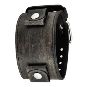 Stitched Distressed Charcoal Leather Wide Cuff