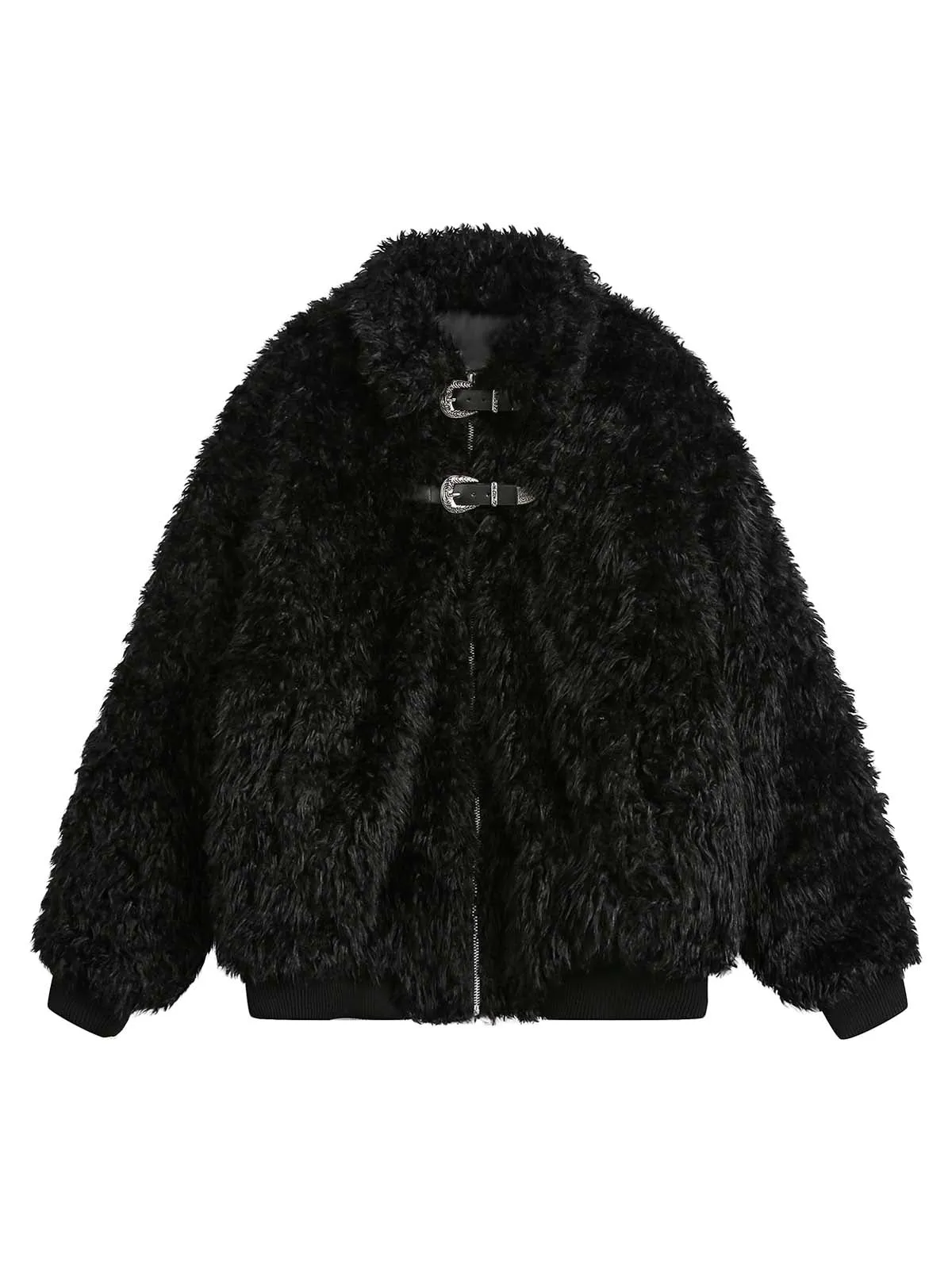 Thesupermade Metal leather button Faux Fur Jacket