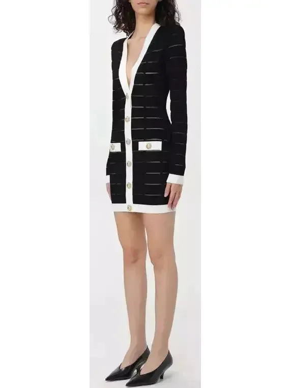 Women’s Black and White Button-Front Short Knit Cardigan Dress